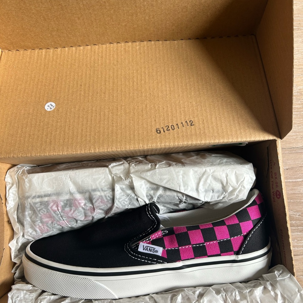 Vans Black and Pink Checkered Slip-Ons